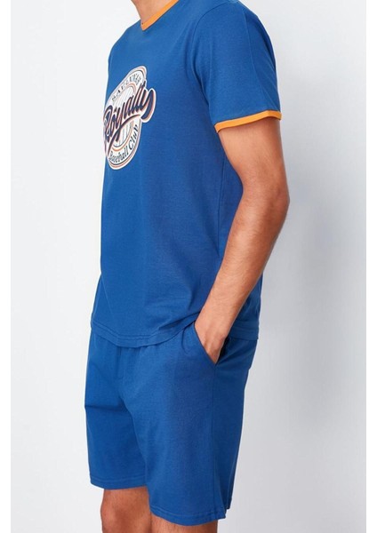 Erkek %100 Pamuk Bisiklet Yaka Kısa Kol Indigo Regular Fit Baskılı Örme Şortlu Pijama Takımı