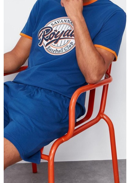 Erkek %100 Pamuk Bisiklet Yaka Kısa Kol Indigo Regular Fit Baskılı Örme Şortlu Pijama Takımı