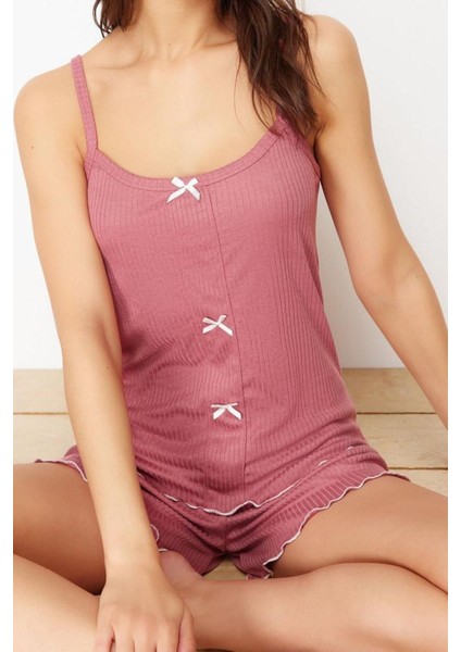 Kadın Polyester Havuz Yaka Askılı Kol Kurdele Fiyonk Detaylı Ip Askılı Fitilli Örme Pijama Takımı