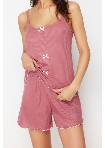 Kadın Polyester Havuz Yaka Askılı Kol Kurdele Fiyonk Detaylı Ip Askılı Fitilli Örme Pijama Takımı