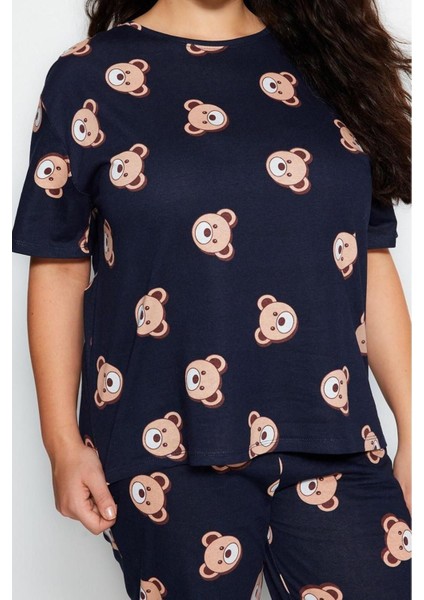 Büyük Beden Kadın Pamuklu Bisiklet Yaka Kısa Kol Ayıcık Desenli Örme Pijama Takımı