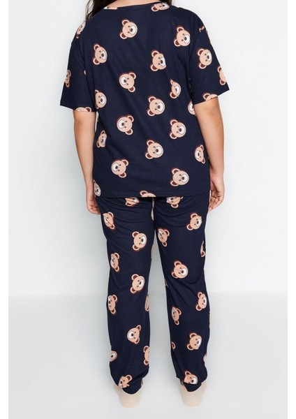 Büyük Beden Kadın Pamuklu Bisiklet Yaka Kısa Kol Ayıcık Desenli Örme Pijama Takımı