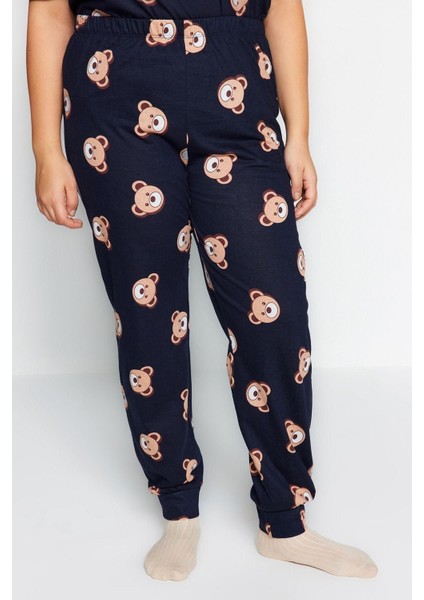 Büyük Beden Kadın Pamuklu Bisiklet Yaka Kısa Kol Ayıcık Desenli Örme Pijama Takımı