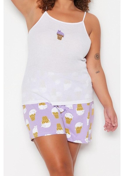 Büyük Beden Kadın Polyester Kare Yaka Askılı Kol Baskılı Askılı Örme Pijama Takımı fırsatları
