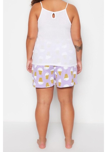 Büyük Beden Kadın Polyester Kare Yaka Askılı Kol Baskılı Askılı Örme Pijama Takımı indirimleri