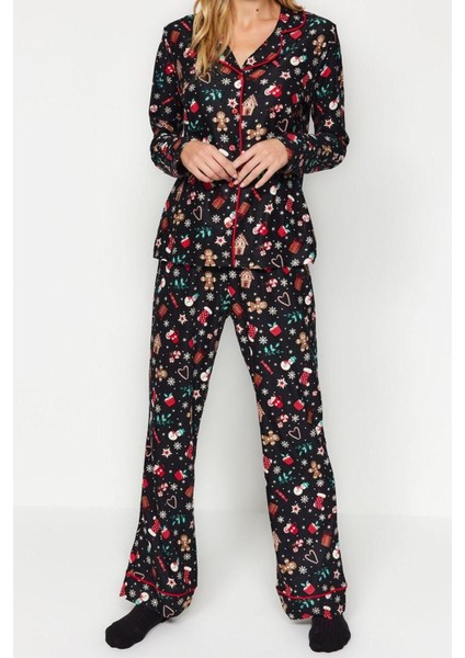 Kadın Polyester Gömlek Yaka Uzun Kol Yumuşak Yılbaşı Temalı Gömlek-Pantolon Örme Pijama Takımı