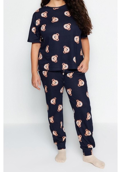 Büyük Beden Kadın Pamuklu Bisiklet Yaka Kısa Kol Ayıcık Desenli Örme Pijama Takımı