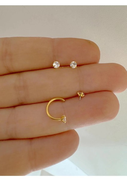 Arescollection 316L Cerrahi Çelik Iki Ucu Zirkon Taşlı Gold Renk Burun Piercingi modelleri