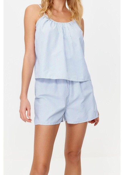 Kadın Polyester Havuz Yaka Askılı Kol Pamuklu Çizgili Ip Askılı Poplin Dokuma Pijama Takımı modelleri