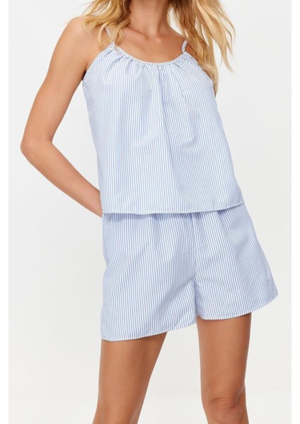 Kadın Polyester Havuz Yaka Askılı Kol Pamuklu Çizgili Ip Askılı Poplin Dokuma Pijama Takımı fırsatları