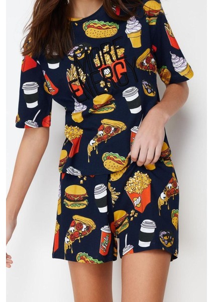 Kadın %100 Pamuk Bisiklet Yaka Kısa Kol %100 Pamuk Nakışlı Örme Pijama Takımı
