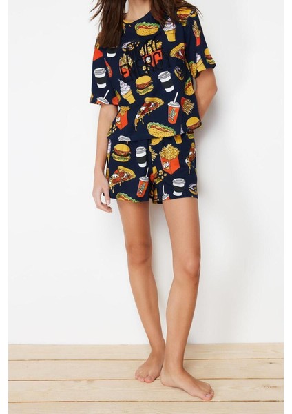 Kadın %100 Pamuk Bisiklet Yaka Kısa Kol %100 Pamuk Nakışlı Örme Pijama Takımı