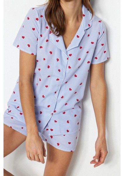 Kadın Pamuk Polyester Ceket Yaka Kısa Kol Çizgili Kalp Desenli Viskon Dokuma Pijama Takımı fiyatları