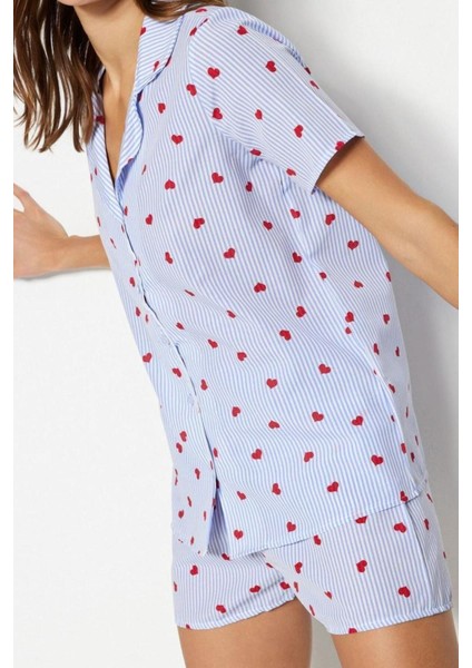Kadın Pamuk Polyester Ceket Yaka Kısa Kol Çizgili Kalp Desenli Viskon Dokuma Pijama Takımı modelleri