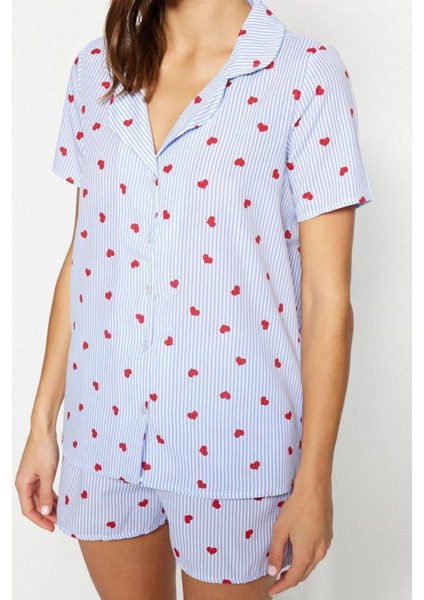 Kadın Pamuk Polyester Ceket Yaka Kısa Kol Çizgili Kalp Desenli Viskon Dokuma Pijama Takımı fırsatları