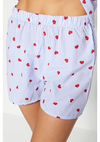 Kadın Pamuk Polyester Ceket Yaka Kısa Kol Çizgili Kalp Desenli Viskon Dokuma Pijama Takımı indirimleri