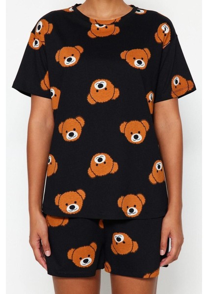 Kadın Pamuk Bisiklet Yaka Kısa Kol Pamuk Ayıcık Desenli T-Shirt-Şort Örme Pijama Takımı