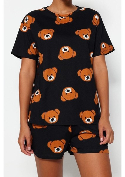 Kadın Pamuk Bisiklet Yaka Kısa Kol Pamuk Ayıcık Desenli T-Shirt-Şort Örme Pijama Takımı