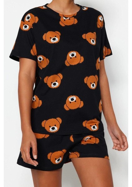Kadın Pamuk Bisiklet Yaka Kısa Kol Pamuk Ayıcık Desenli T-Shirt-Şort Örme Pijama Takımı