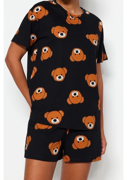 Kadın Pamuk Bisiklet Yaka Kısa Kol Pamuk Ayıcık Desenli T-Shirt-Şort Örme Pijama Takımı
