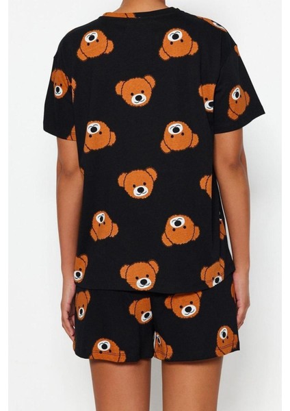 Kadın Pamuk Bisiklet Yaka Kısa Kol Pamuk Ayıcık Desenli T-Shirt-Şort Örme Pijama Takımı