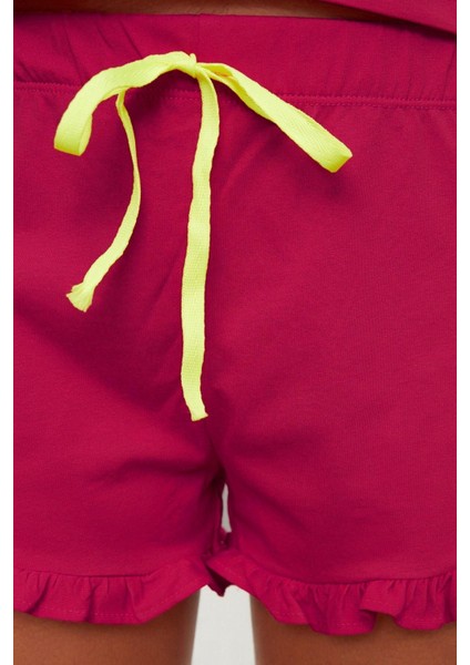 Kadın Pamuk Bisiklet Yaka Kısa Kol Nakışlı Fırfır Detaylı T-Shirt-Şort Örme Pijama Takımı