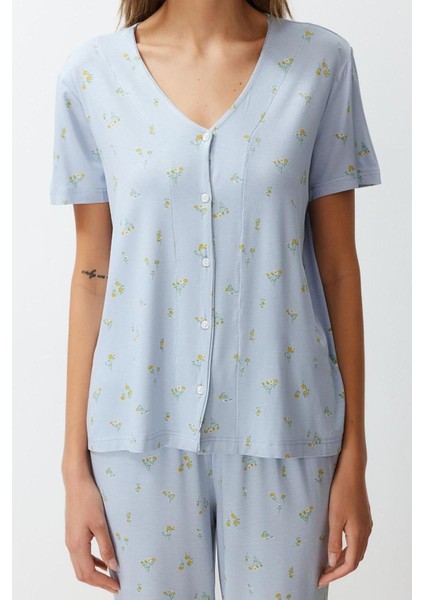 Kadın Viskon V Yaka Kısa Kol Çiçekli Fırfır Detaylı Örme Pijama Takımı
