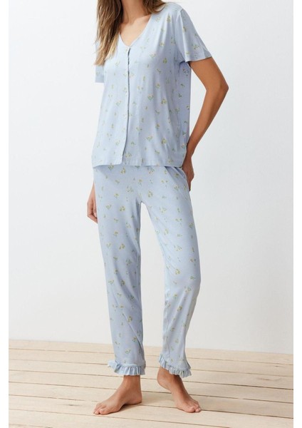 Kadın Viskon V Yaka Kısa Kol Çiçekli Fırfır Detaylı Örme Pijama Takımı fiyatları