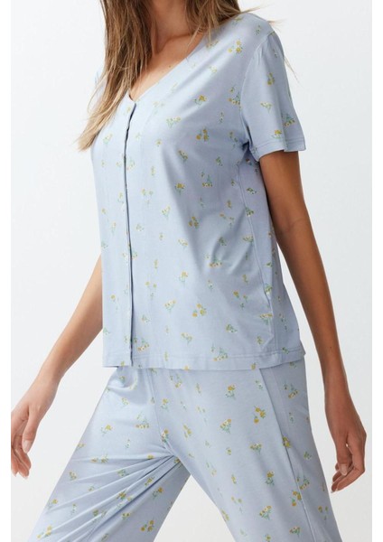 Kadın Viskon V Yaka Kısa Kol Çiçekli Fırfır Detaylı Örme Pijama Takımı fırsatları