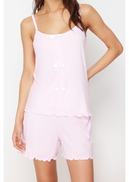 Kadın Polyester Havuz Yaka Askılı Kol Kurdele Fiyonk Detaylı Ip Askılı Fitilli Örme Pijama Takımı modelleri