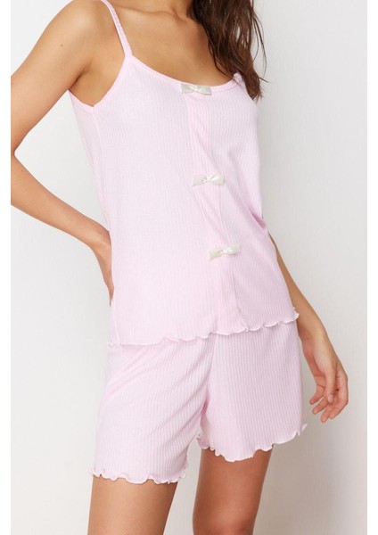 Kadın Polyester Havuz Yaka Askılı Kol Kurdele Fiyonk Detaylı Ip Askılı Fitilli Örme Pijama Takımı fırsatları