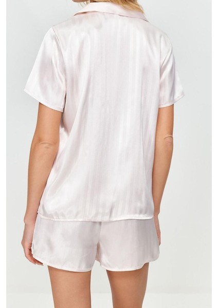 Kadın Polyester Gömlek Yaka Kısa Kol Saten Çizgili Dokuma Pijama Takımı modelleri
