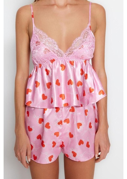 Kadın Polyester V Yaka Askılı Kol Saten Kalpli Dantel Detaylı Ip Askılı Dokuma Pijama Takımı