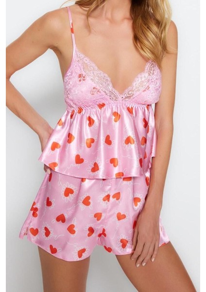Kadın Polyester V Yaka Askılı Kol Saten Kalpli Dantel Detaylı Ip Askılı Dokuma Pijama Takımı