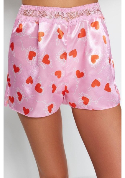 Kadın Polyester V Yaka Askılı Kol Saten Kalpli Dantel Detaylı Ip Askılı Dokuma Pijama Takımı