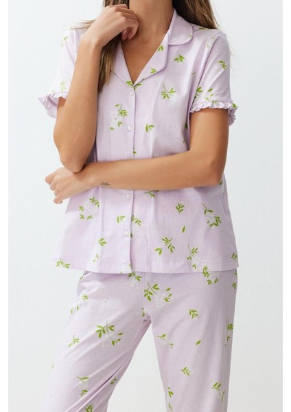 Kadın %100 Pamuk Gömlek Yaka Kısa Kol %100 Pamuk Çiçekli Fırfır Detaylı Örme Pijama Takımı fırsatları
