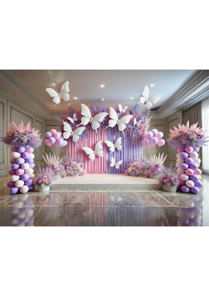 Pembe ve Mor Balonlarla Çiçek Temalı, Kelebekli 200X150CM Stüdyo Fonu Arka Plan
