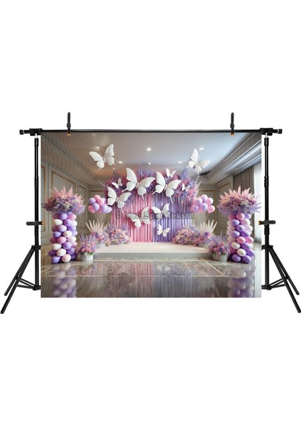 Pembe ve Mor Balonlarla Çiçek Temalı, Kelebekli 200X150CM Stüdyo Fonu Arka Plan fiyatları