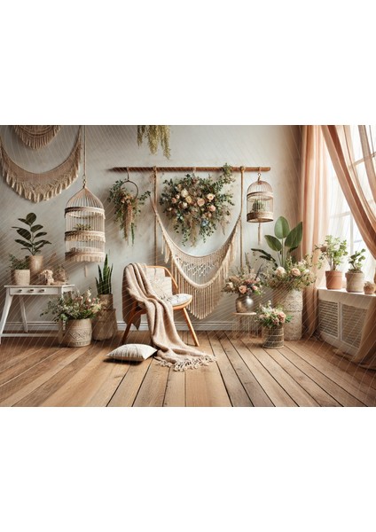 Bohem Çiçek ve Makrome Detaylı 200X150CM Stüdyo Fonu Arka Plan