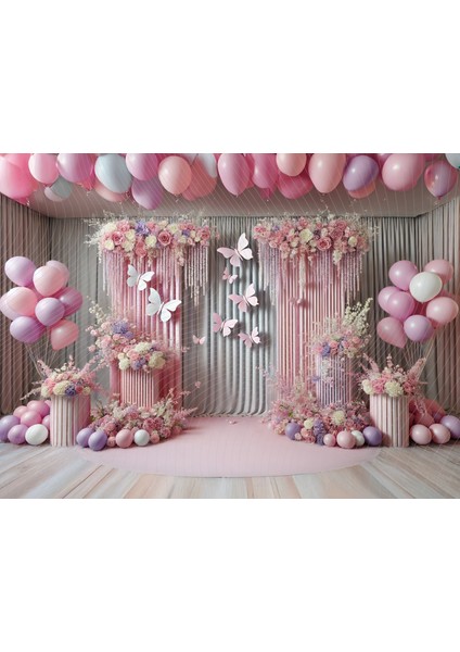 Pembe ve Mor Balonlarla Kelebek Temalı Stüdyo Fonu, 200X150CM Arka Plan