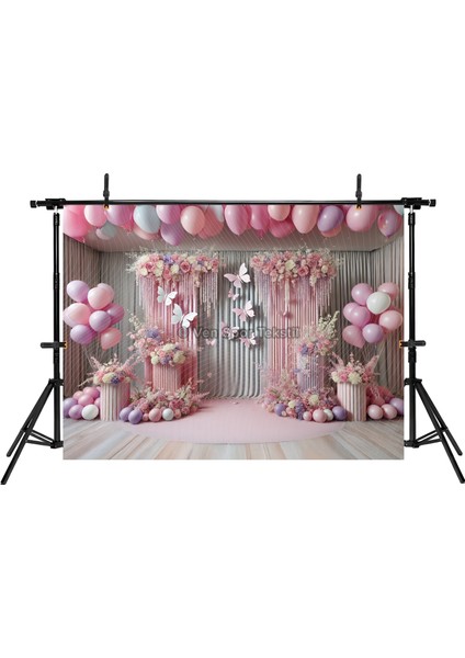 Pembe ve Mor Balonlarla Kelebek Temalı Stüdyo Fonu, 200X150CM Arka Plan fiyatları