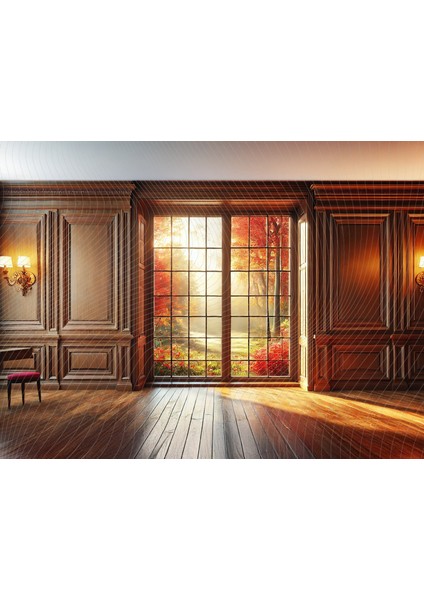 Klasik Ahşap Iç Mekan ve Sonbahar Manzaralı Stüdyo Fonu, 200X150CM Arka Plan