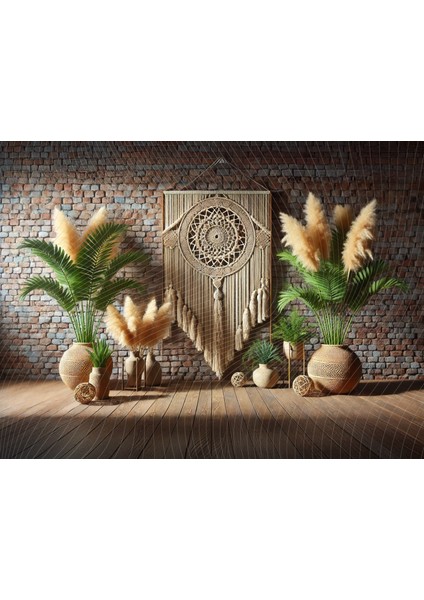 Bohem Tarzı Makrome ve Doğal Bitkilerle Dekoratif Stüdyo Fonu, 200X150CM Arka Plan