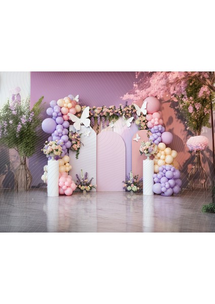 Pastel Renkli Çiçek ve Balon Dekorlu Stüdyo Fonu Arka Plan - 200X150CM