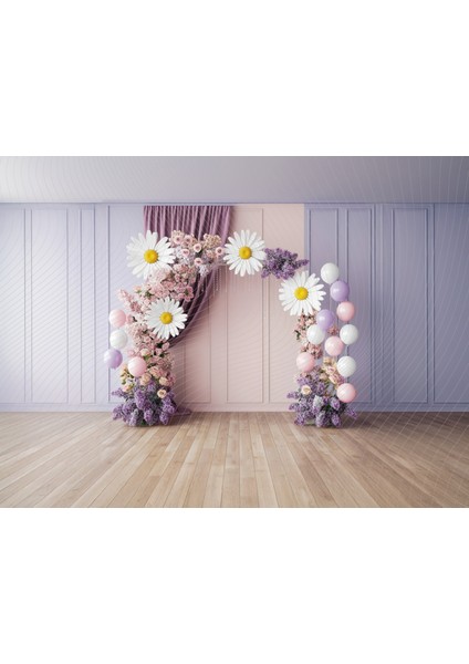 Çiçek ve Balonlu Pastel Renk Stüdyo Fonu - 200X150CM Arka Plan