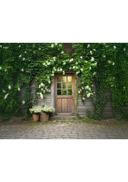 Doğal Ahşap Kapı ve Çiçekler Temalı Stüdyo Fonu - 200X150CM Arka Plan