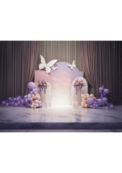 Lila ve Pembe Çiçekli Kelebek Temalı 200X150CM Stüdyo Fonu Arka Plan