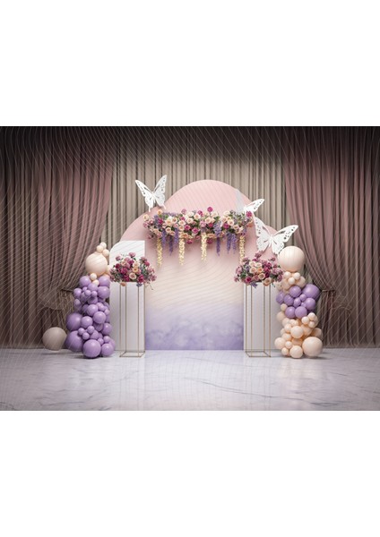 Pastel Tonlarda Çiçek ve Balonlarla Süslenmiş Stüdyo Fonu, 200X150CM, Arka Plan