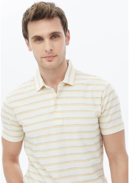Ekru Çizgili Polo Yaka Pamuk Karışımlı T-Shirt