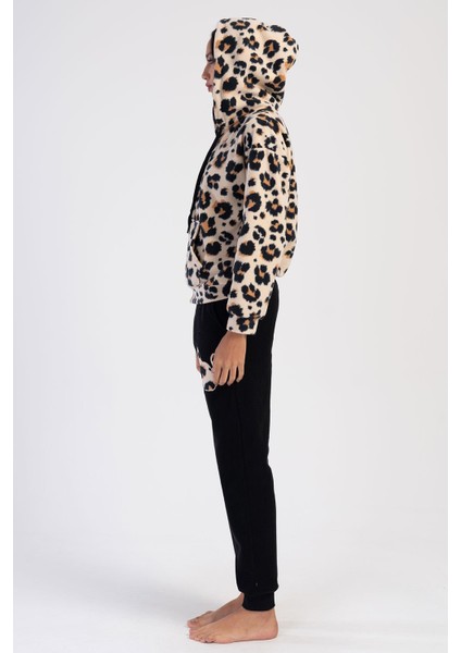 Kadın Uzun Kol Polar Kapüşonlu Fermuarlı Leopar Bej Pijama Takım C6T6N0O304